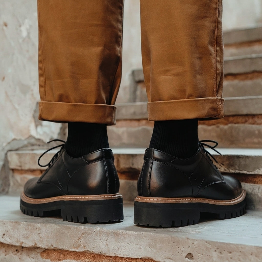 Black Leather Cangrande With Thick Sole Derby Shoe: The Royale Collection