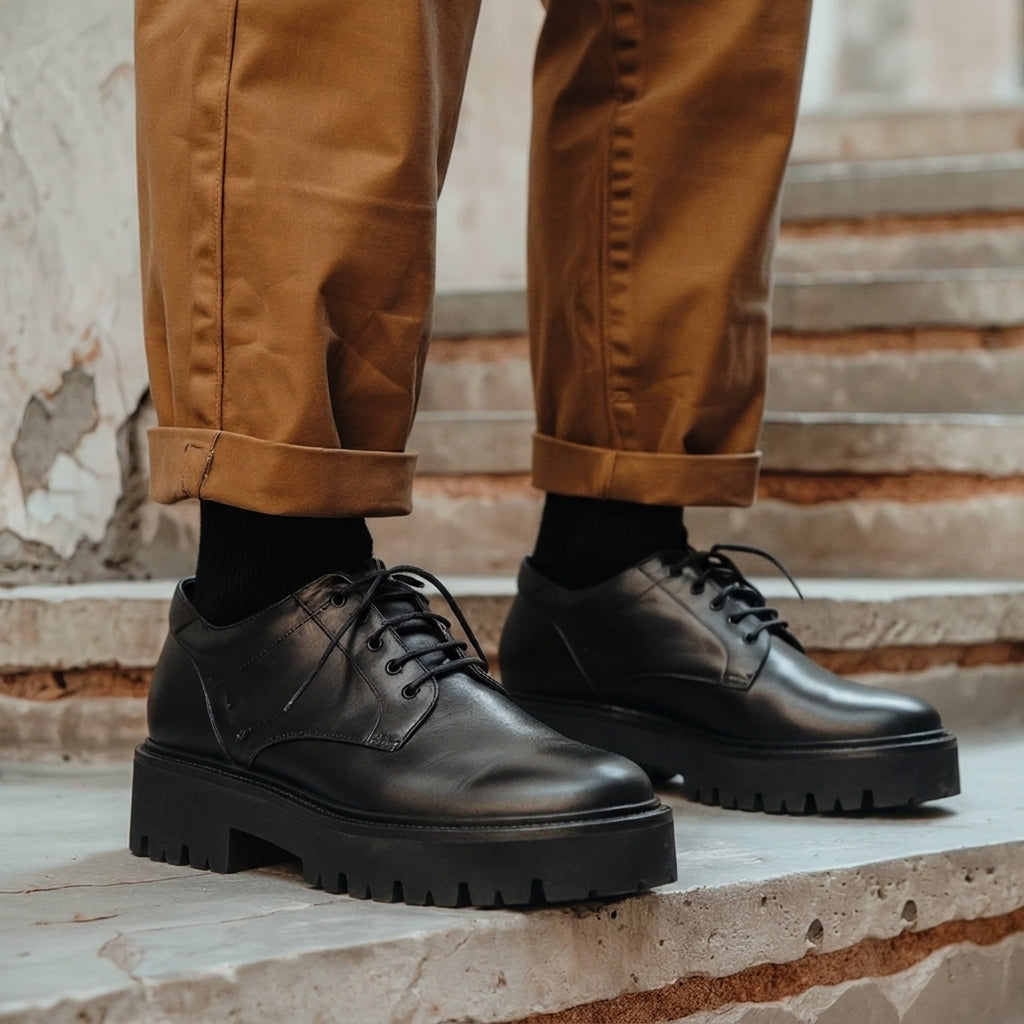 Black Leather Cangrande With Thick Sole Derby Shoe: The Royale Collection