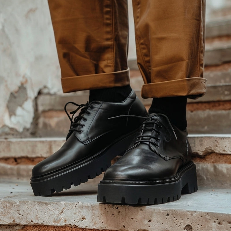 Black Leather Cangrande With Thick Sole Derby Shoe: The Royale Collection