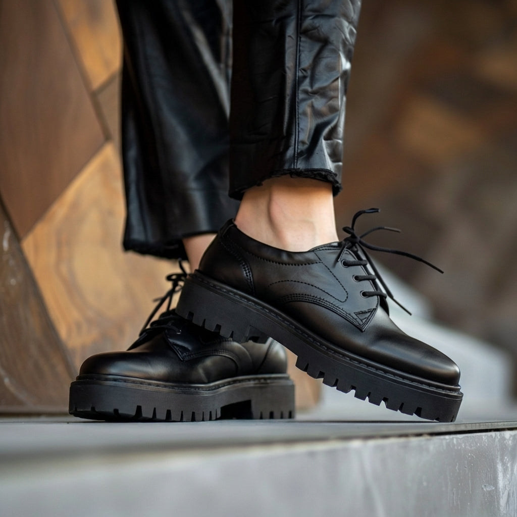 Black Leather Cantius With Thick Sole Oxford Shoe: The Royale Collection