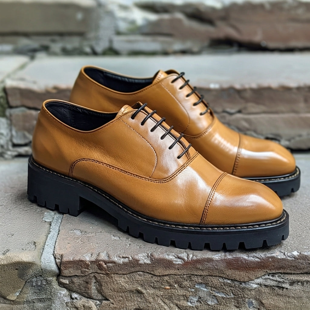Tan Leather Cleto With Thick Sole Oxford Shoe
