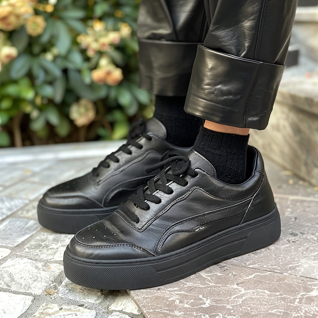 Black Leather Clodoveo With Thick Sole Sneakers