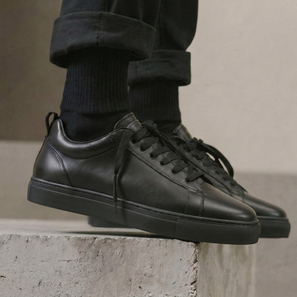 Black Leather Corrado With Thick Sole Sneakers