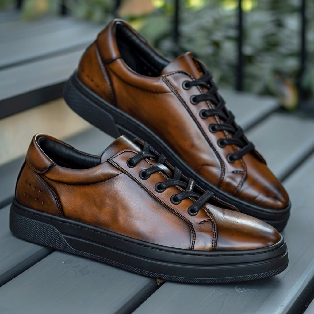 Brown Leather Damaso With Thick Sole Sneakers