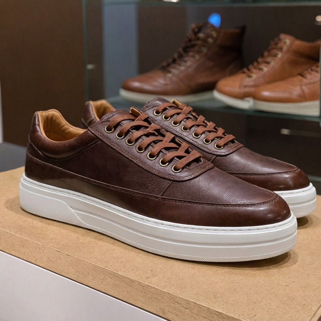 Brown Leather Damiano With Thick White Sole Sneakers