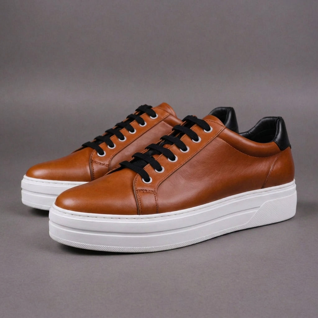 Tan Leather Diletto With Thick White Sole Sneakers