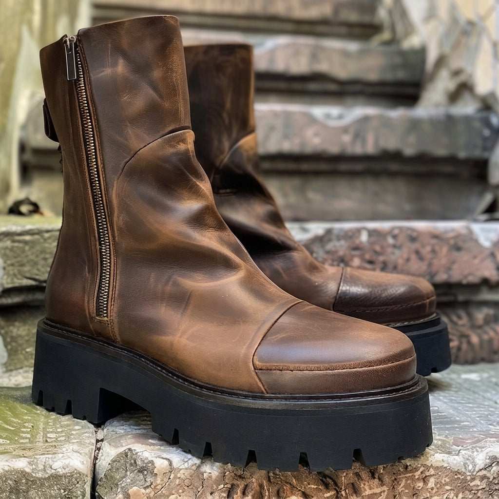 Brown Leather Eberardo With Thick Sole Zipper Boots