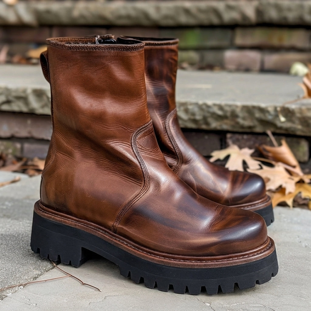 Brown Leather Edilberto With Thick Sole Zipper Boots