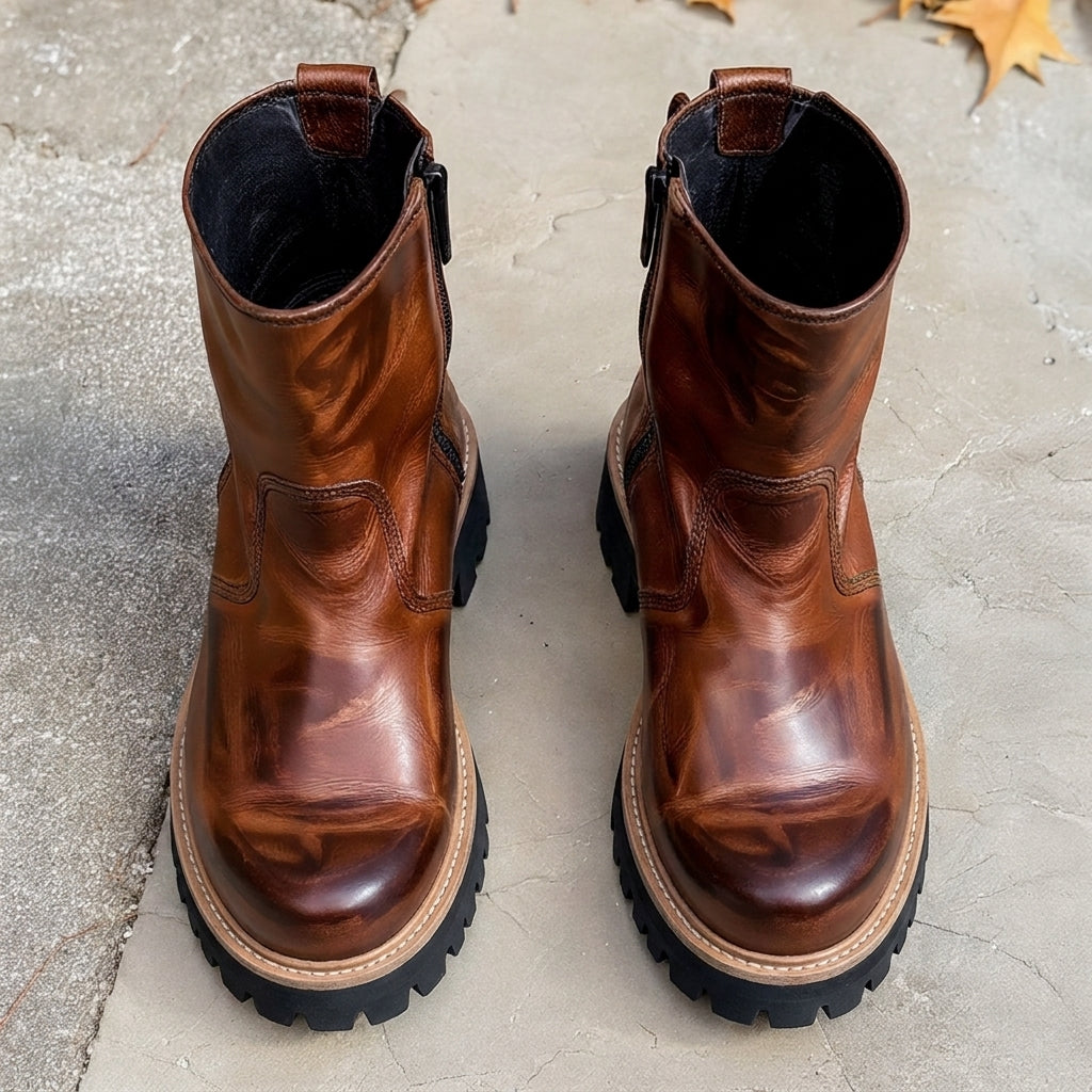 Brown Leather Edilberto With Thick Sole Zipper Boots