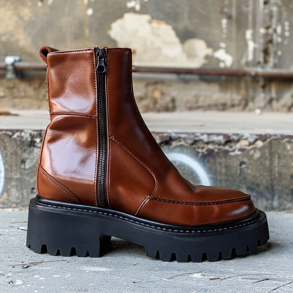 Brown Leather Egisto With Thick Sole Zipper Boots