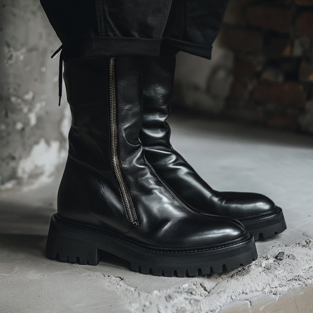 Black Leather Elpidio With Thick Sole Zipper Boots