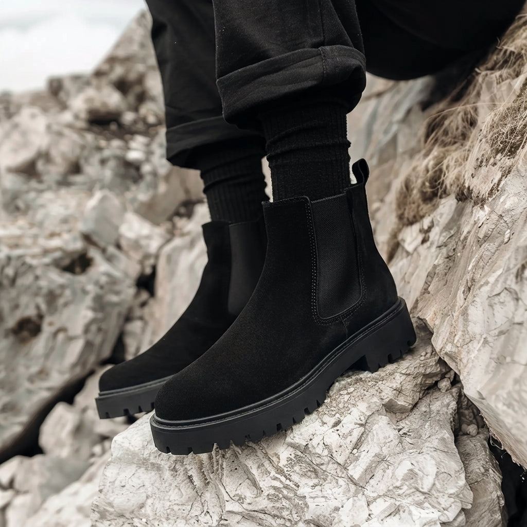 Black Leather Felino With Thick Sole Zipper Boots