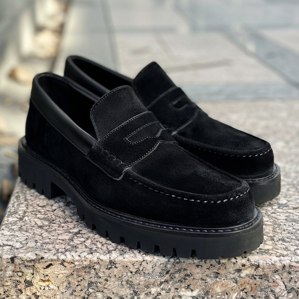 Black Suede Leather Fulvio With Thick Sole Loafers