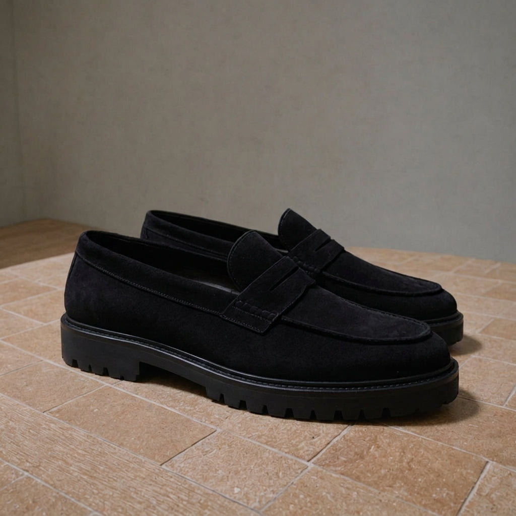 Black Suede Leather Gaspare With Thick Sole Loafers