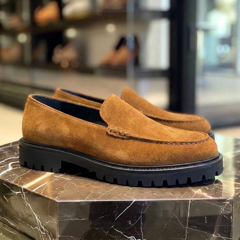 Brown Suede Leather Genzio With Thick Sole Loafers