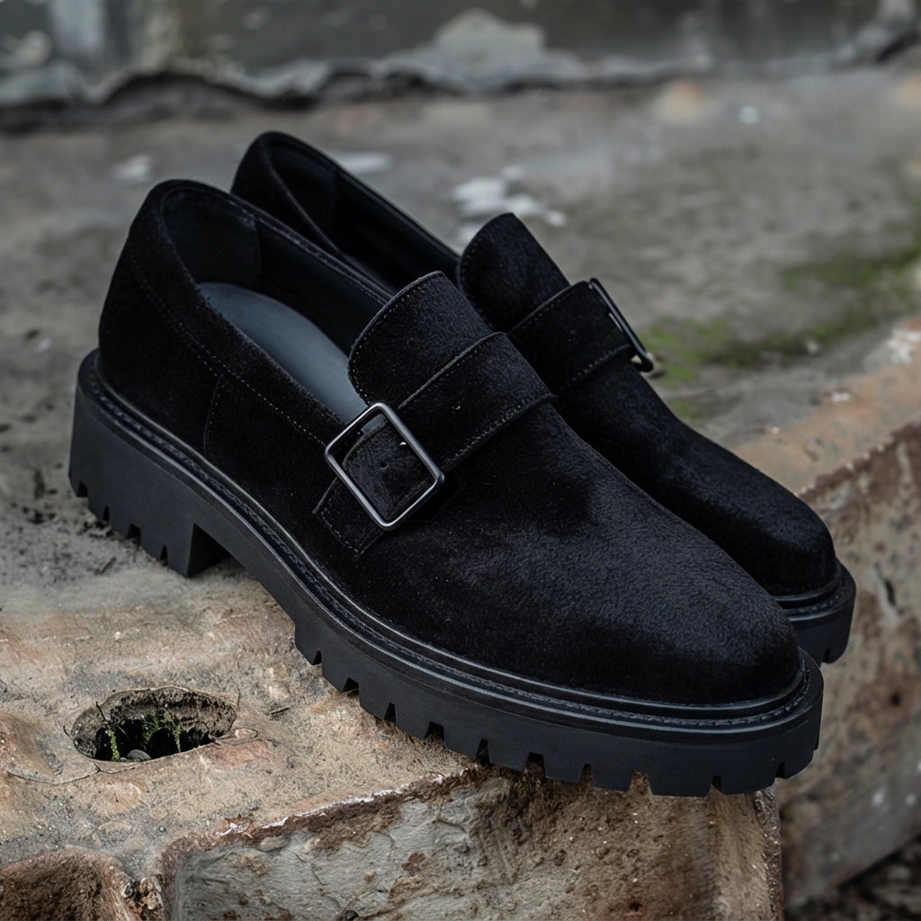 Black Suede Leather Giasone With Thick Sole Monk Straps