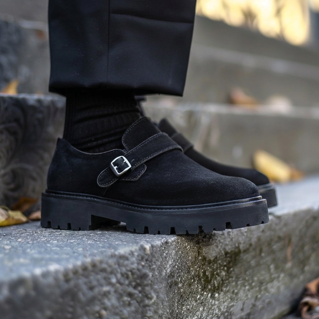 Black Suede Leather Gioele With Thick Sole Monk Straps