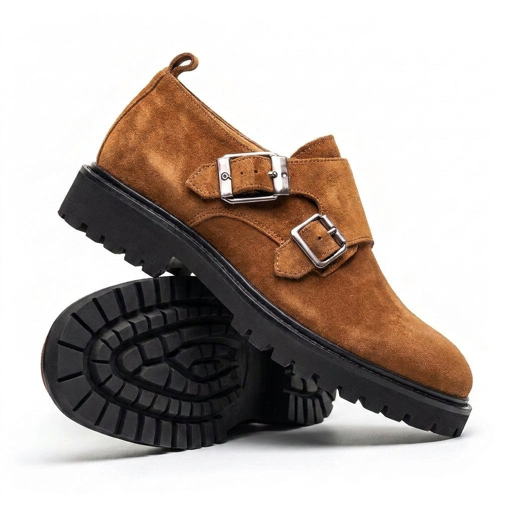 Brown Suede Leather Giordano With Thick Sole Monk Straps