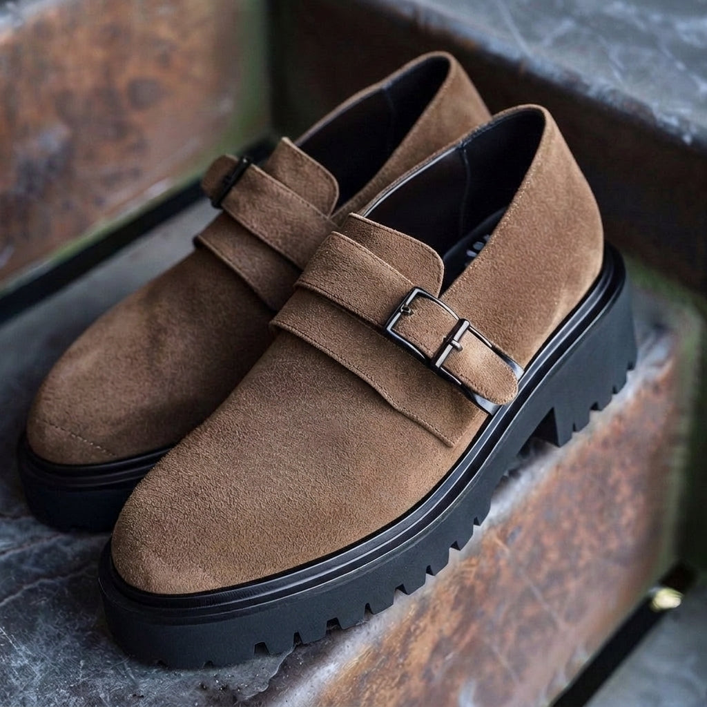 Brown Suede Leather Giovanni With Thick Sole Monk Straps