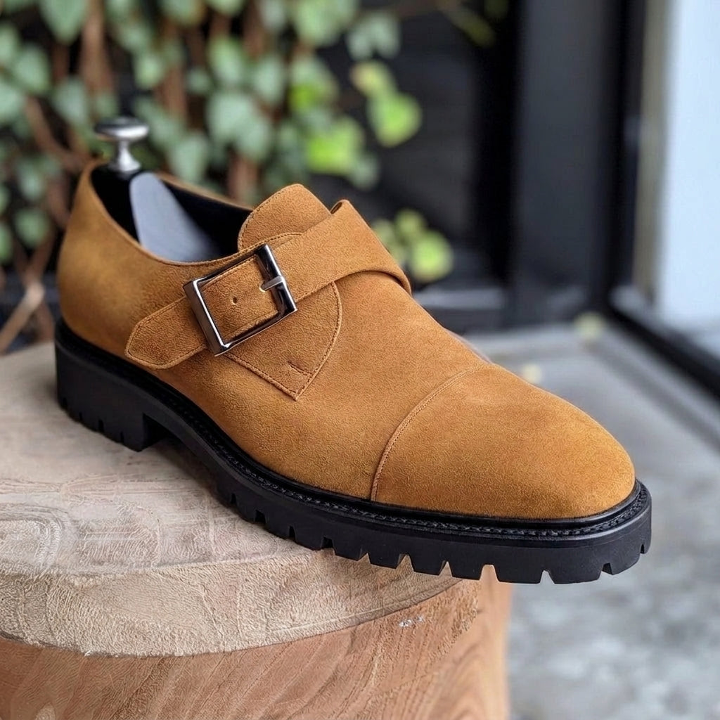 Tan Suede Leather Giulio With Thick Sole Monk Straps