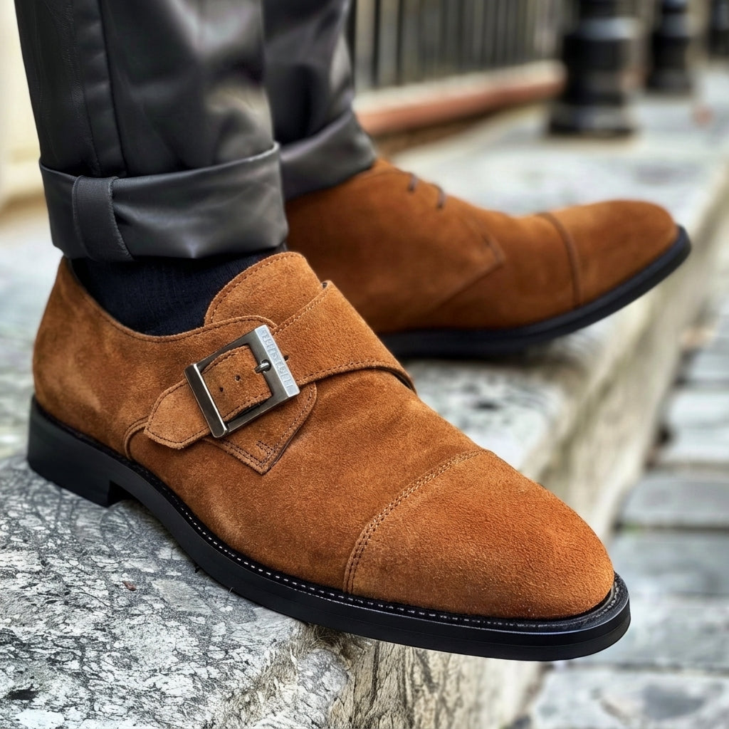 Tan Suede Leather Goffredo With Thick Sole Monk Straps