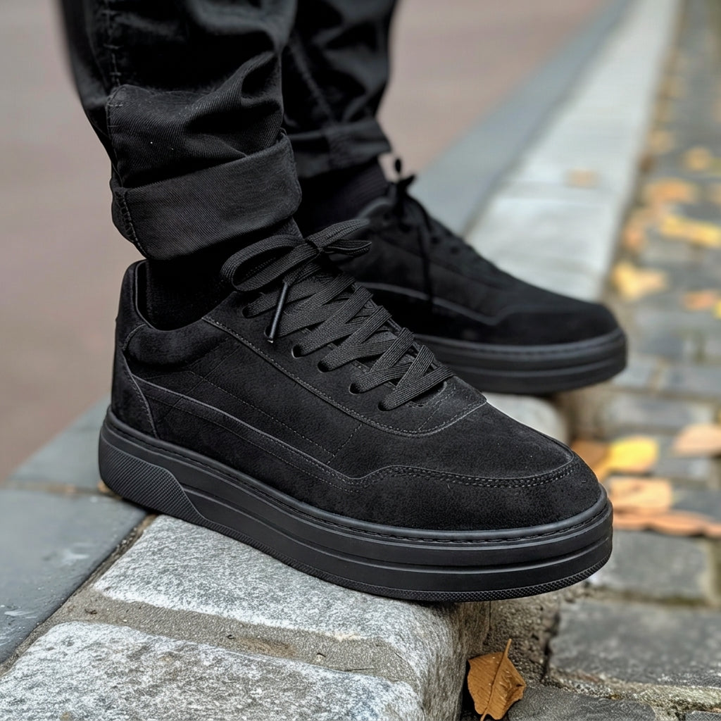 Black Suede Leather Lattanzio With Thick Sole Sneakers
