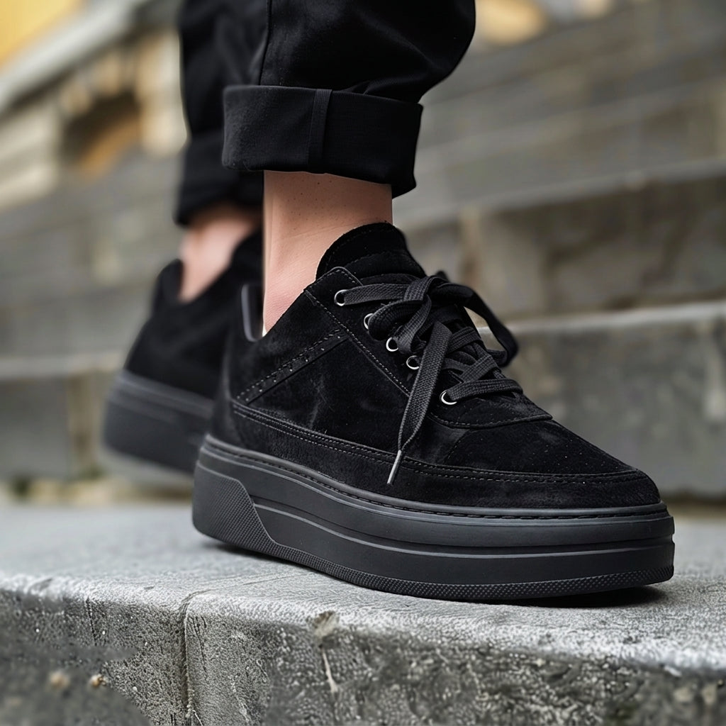 Black Suede Leather Leandro With Thick Sole Sneakers