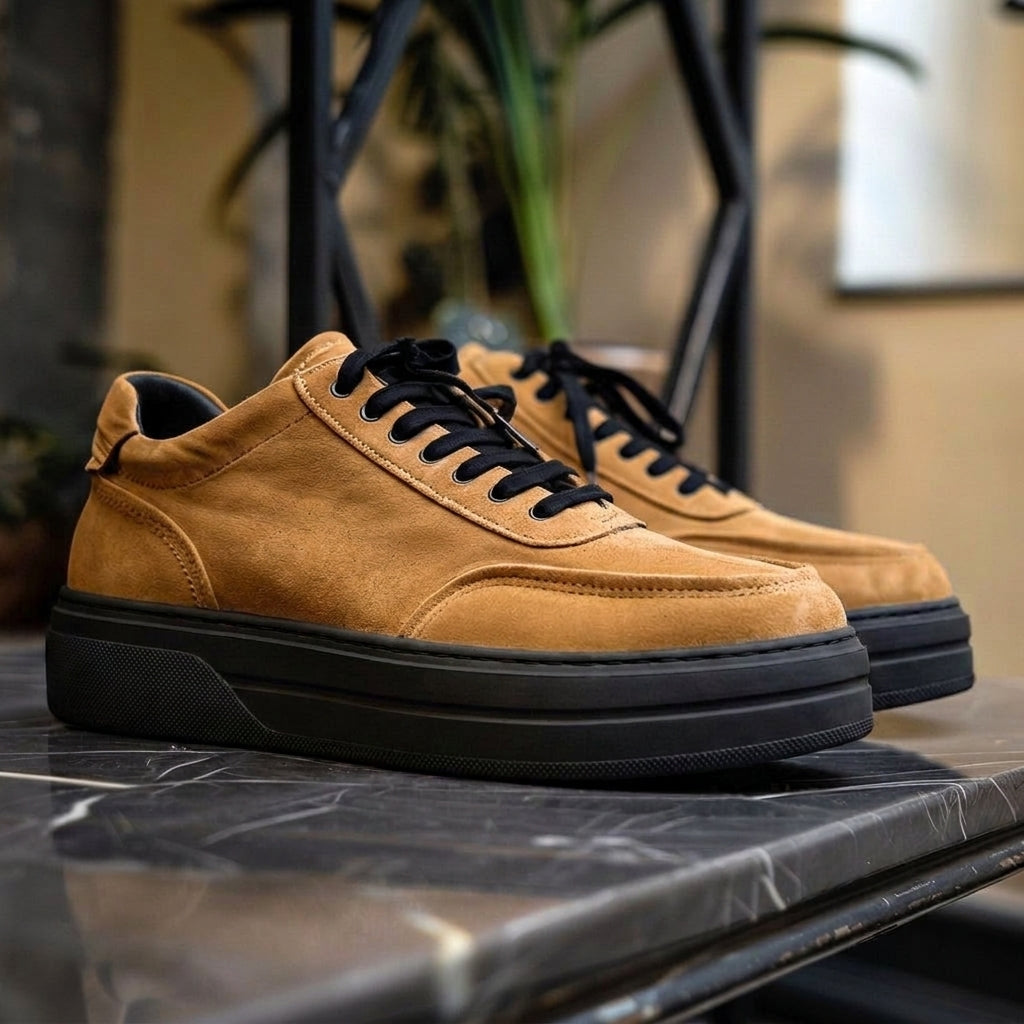 Tan Suede Leather Lidoro With Thick Sole Sneakers