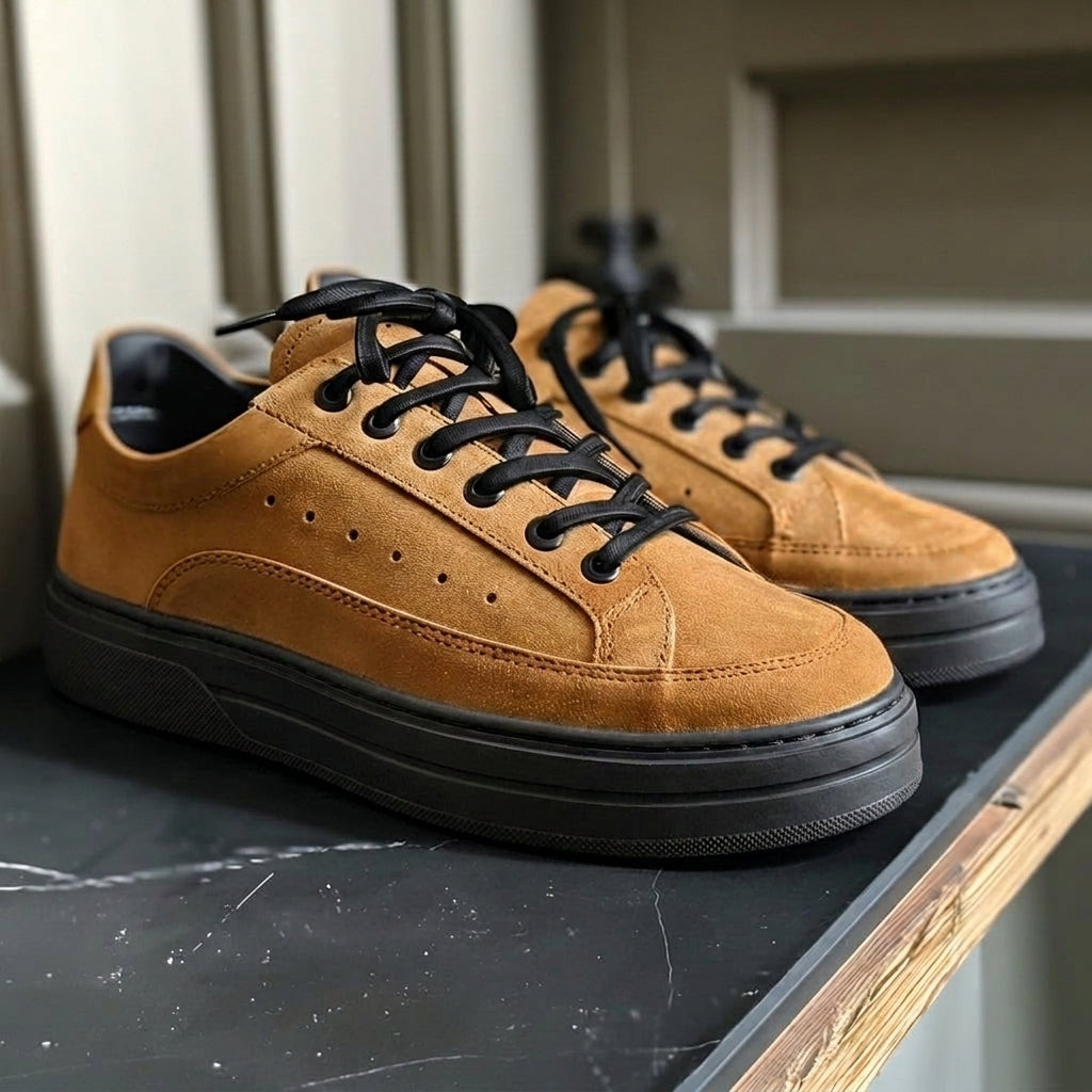 Tan Suede Leather Livio With Thick Sole Sneakers