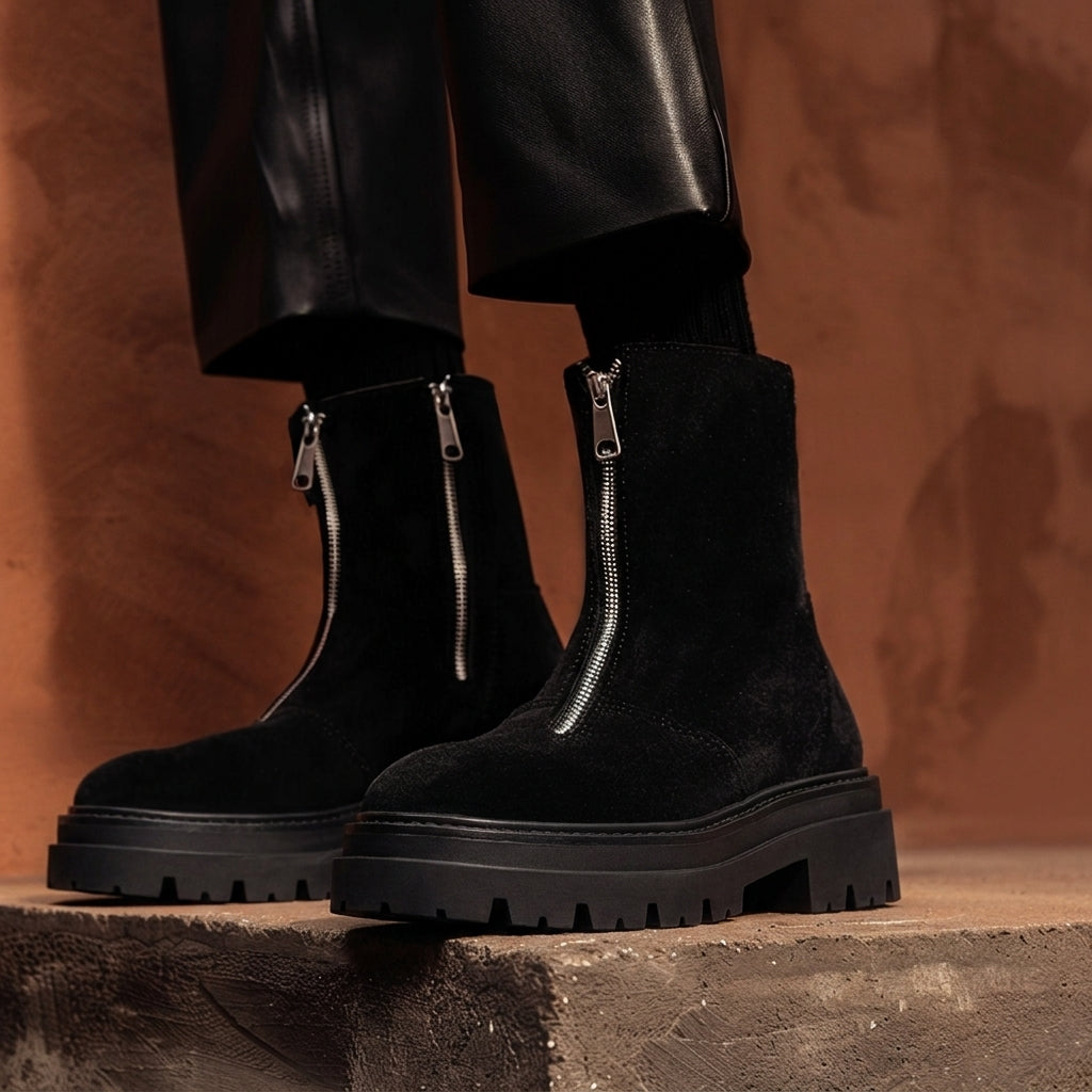 Black Suede Macario With Thick Sole Zipper Boots
