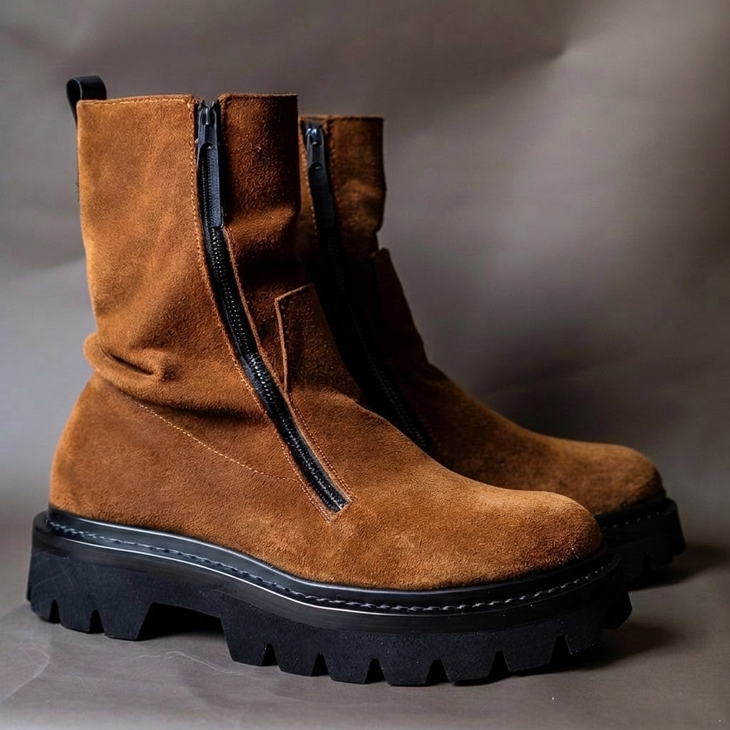 Brown Suede Maddaleno With Thick Sole Zipper Boots