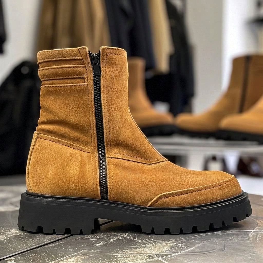 Tan Suede Mariano With Thick Sole Zipper Boots
