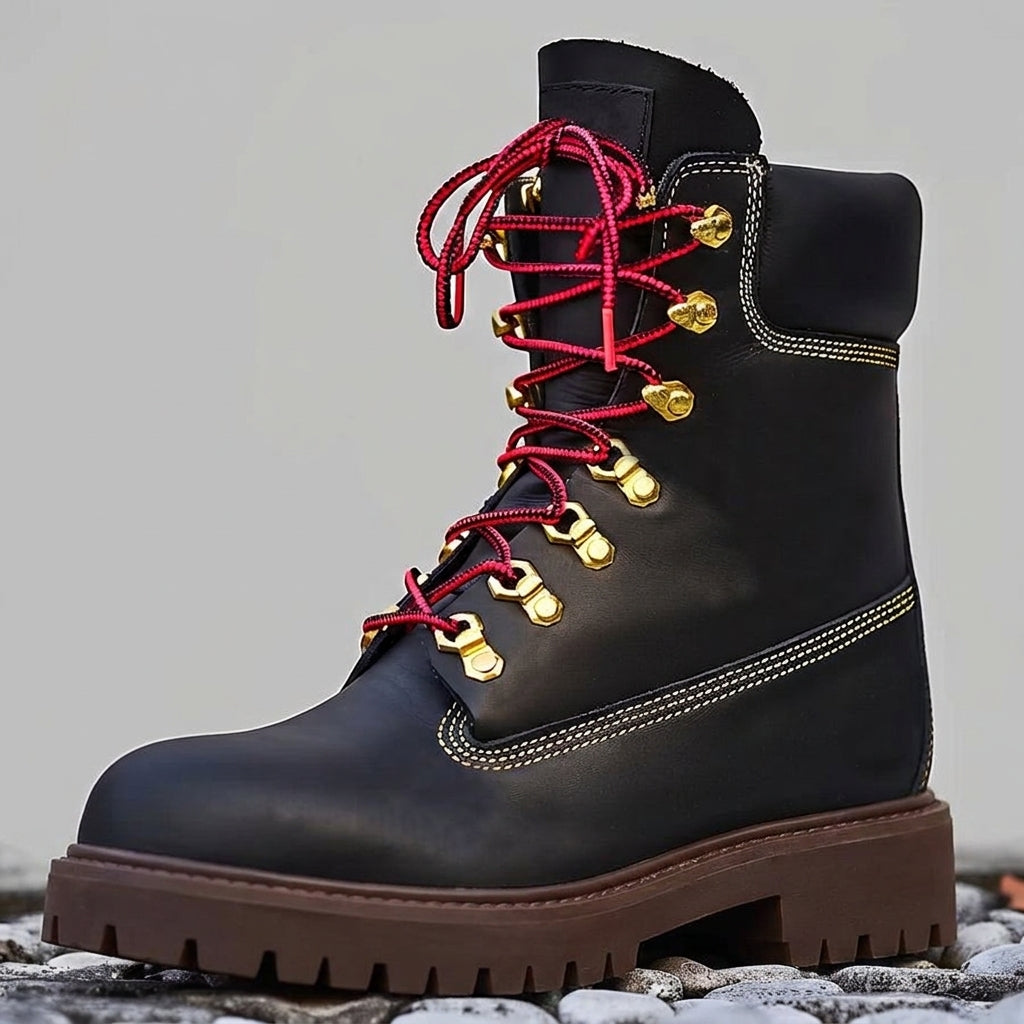 Black Nubuck Leather Abbraccio Mid Calf Rugged Lace Up Combat Hiking Boots with Chunky Track Sole