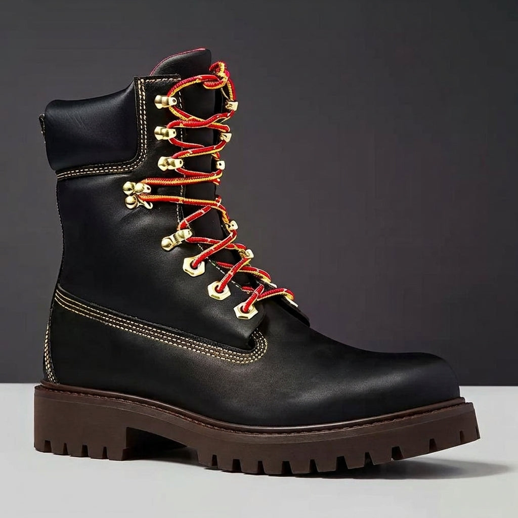 Black Leather Accademia Mid Calf Rugged Lace Up Combat Hiking Boots with Chunky Track Sole