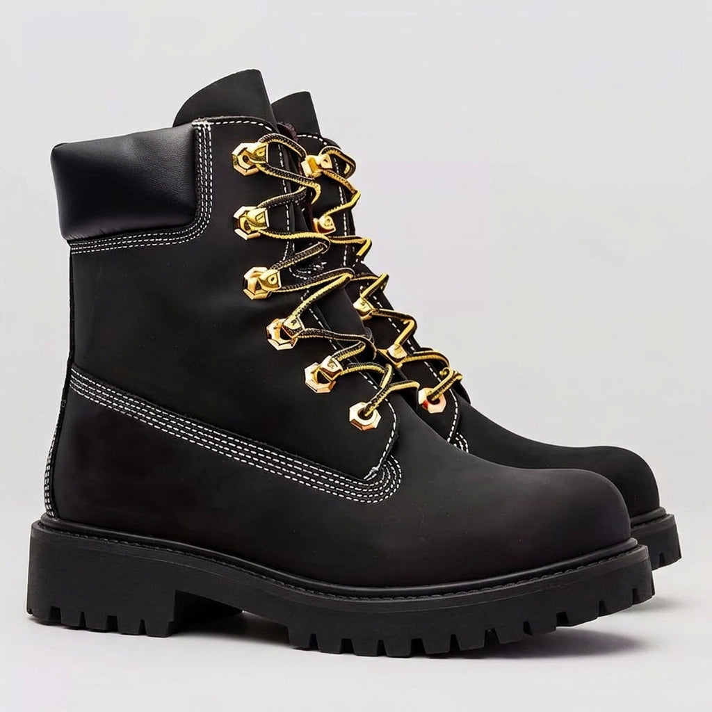 Black Leather Accordo Mid Calf Rugged Lace Up Combat Hiking Boots with Chunky Track Sole
