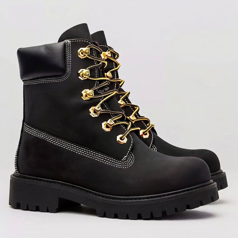 Black Leather Accordo Mid Calf Rugged Lace Up Combat Hiking Boots with Chunky Track Sole