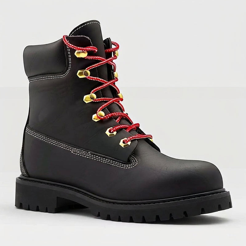 Black Leather Adagio Ankle Rugged Lace Up Combat Hiking Boots with Chunky Track Sole