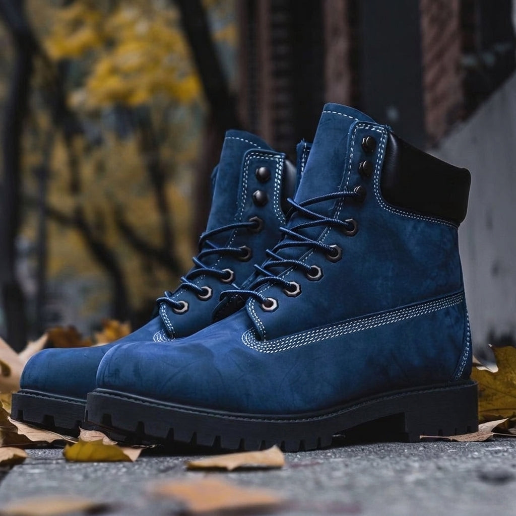 Blue Leather Allegro Ankle Rugged Lace Up Combat Hiking Boots with Chunky Track Sole