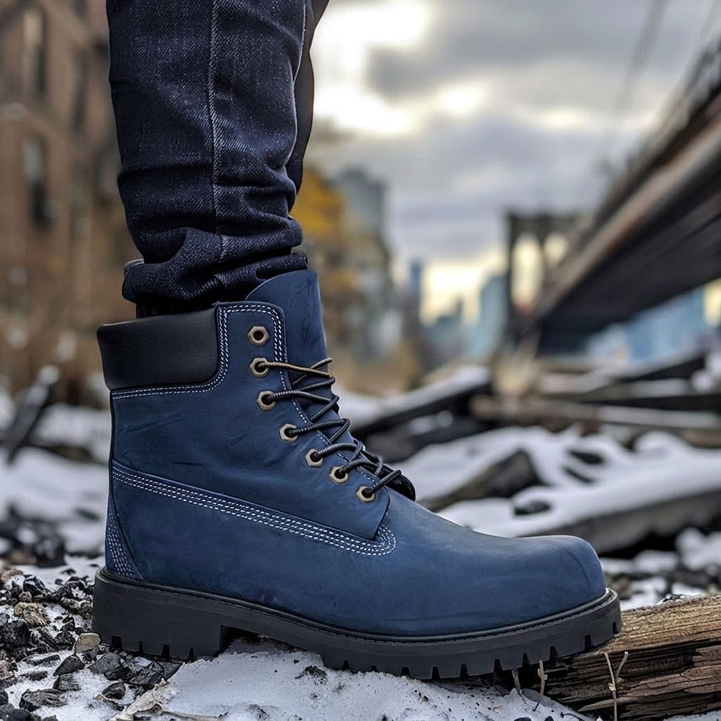 Blue Leather Allure Ankle Rugged Lace Up Combat Hiking Boots with Chunky Track Sole