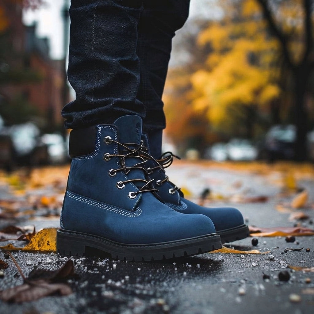 Blue Leather Amabile Ankle Rugged Lace Up Combat Hiking Boots with Chunky Track Sole