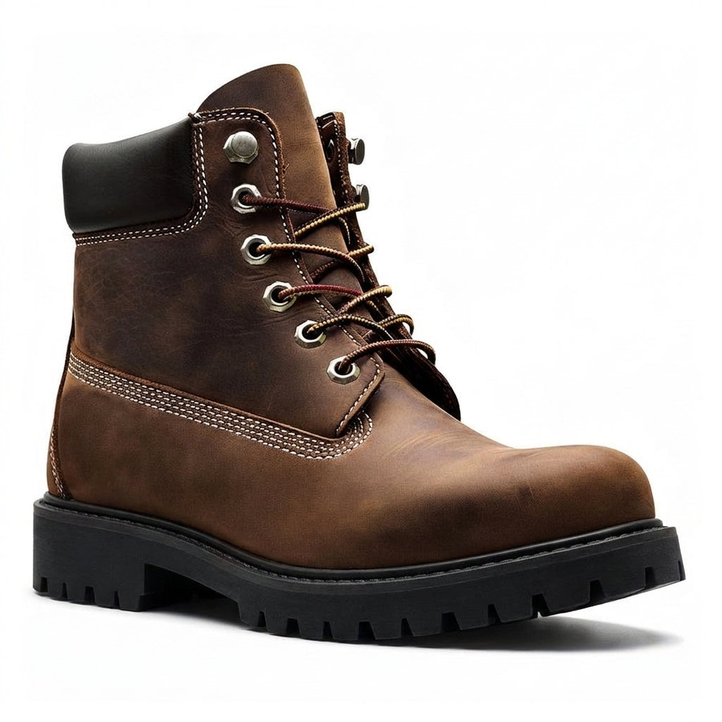 Brown Leather Amaro Ankle Rugged Lace Up Combat Hiking Boots with Chunky Track Sole
