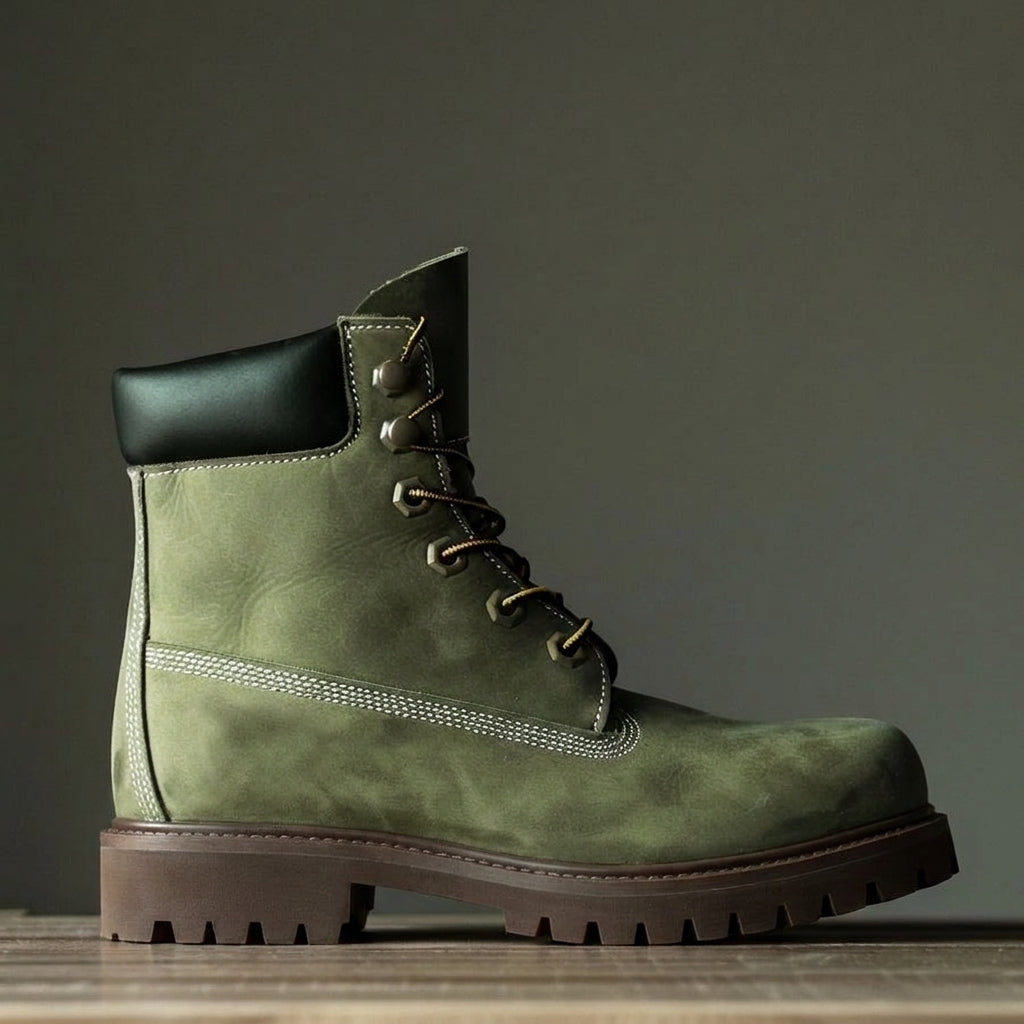 Green Leather Amico Ankle Rugged Lace Up Combat Hiking Boots with Chunky Track Sole