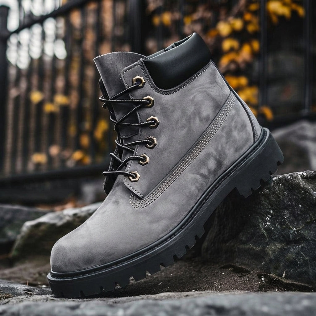 Luxury Edition - Artisian Made Grey Italian Leather Anello Ankle Rugged Lace Up Combat Hiking Boots with Chunky Track Sole