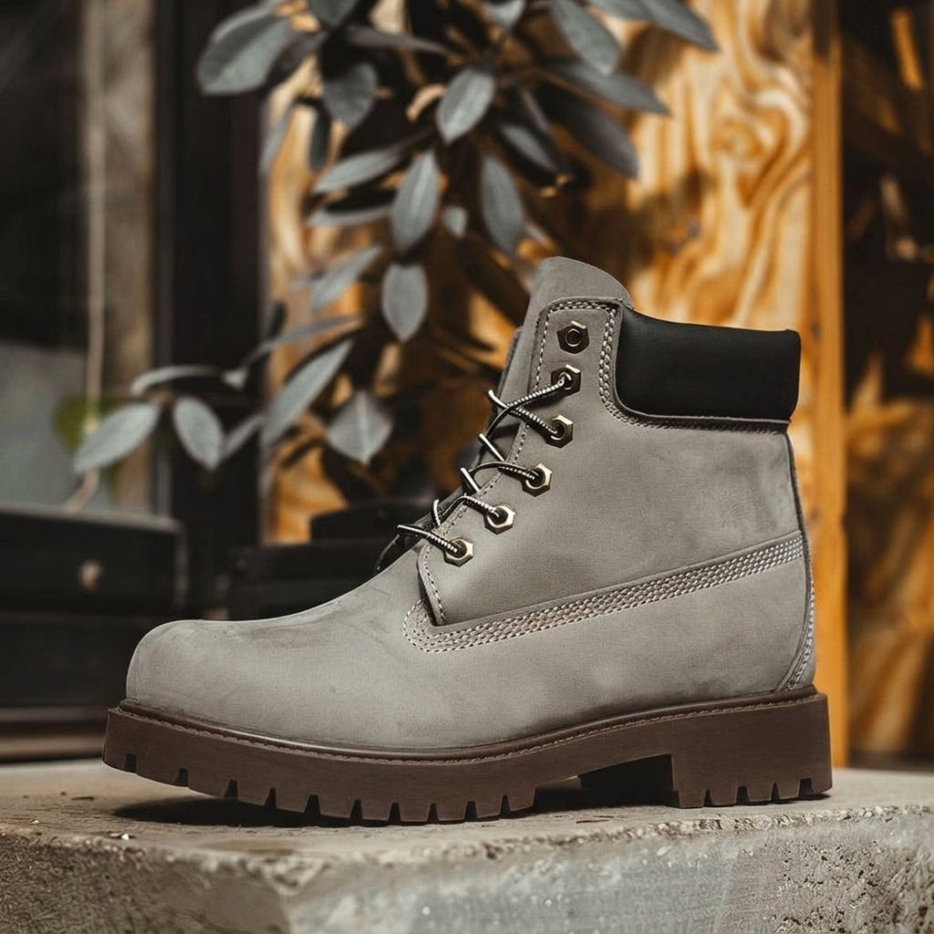 Grey Leather Angelo Ankle Rugged Lace Up Combat Hiking Boots with Chunky Track Sole