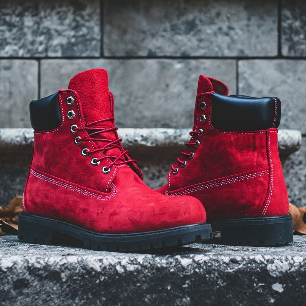 Red Leather Antico Ankle Rugged Lace Up Combat Hiking Boots with Chunky Track Sole
