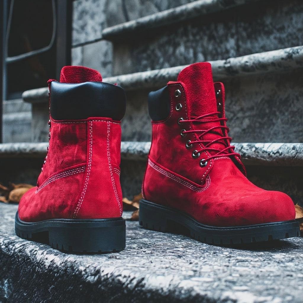 Red Leather Antico Ankle Rugged Lace Up Combat Hiking Boots with Chunky Track Sole