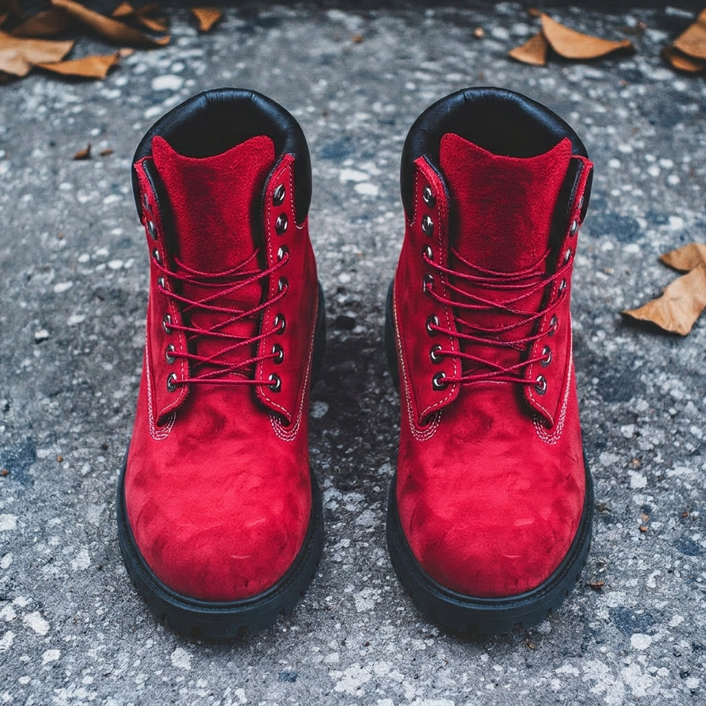 Red Leather Antico Ankle Rugged Lace Up Combat Hiking Boots with Chunky Track Sole