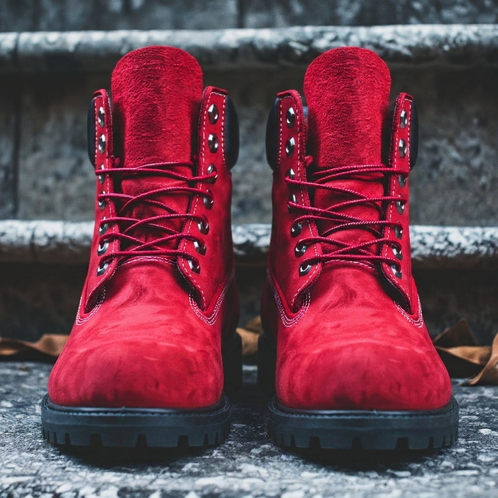 Red Leather Antico Ankle Rugged Lace Up Combat Hiking Boots with Chunky Track Sole