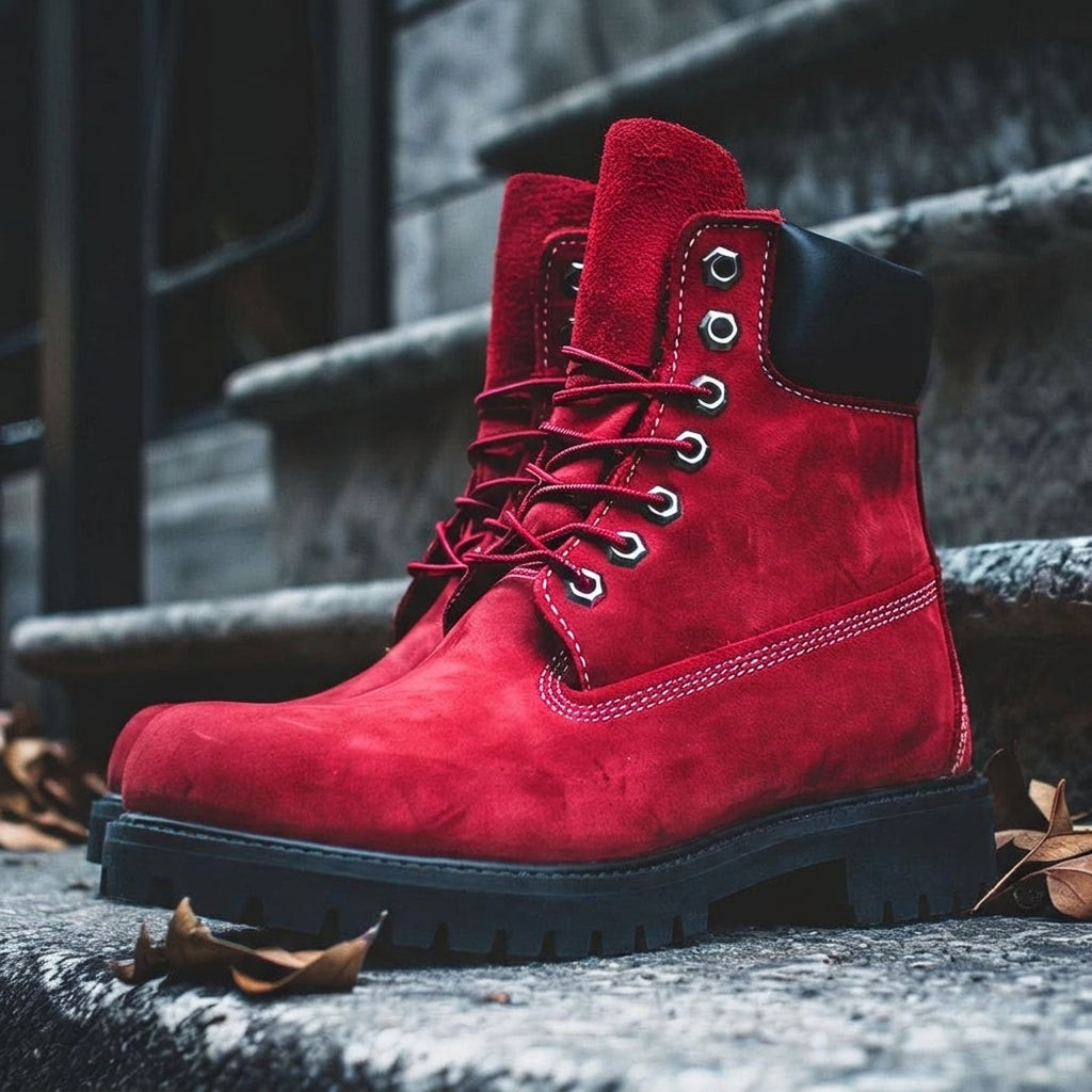 Red Leather Antico Ankle Rugged Lace Up Combat Hiking Boots with Chunky Track Sole