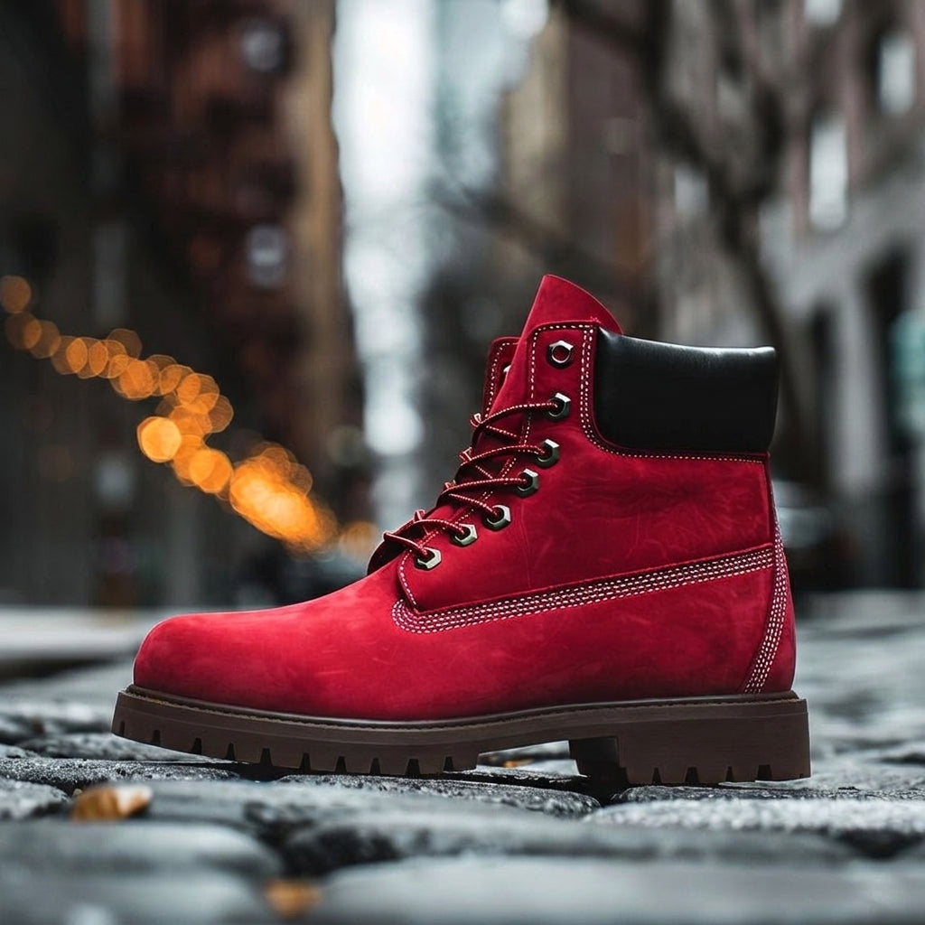 Red Leather Anziano Ankle Rugged Lace Up Combat Hiking Boots with Chunky Track Sole